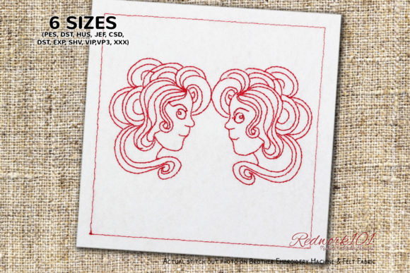 Girls Face Gemini Zodiac Sign Redwork