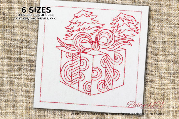 Present Gift Box with Christmas Tree Embroidery
