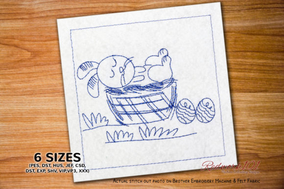Sleeping Bunny in Easter Basket Redwork